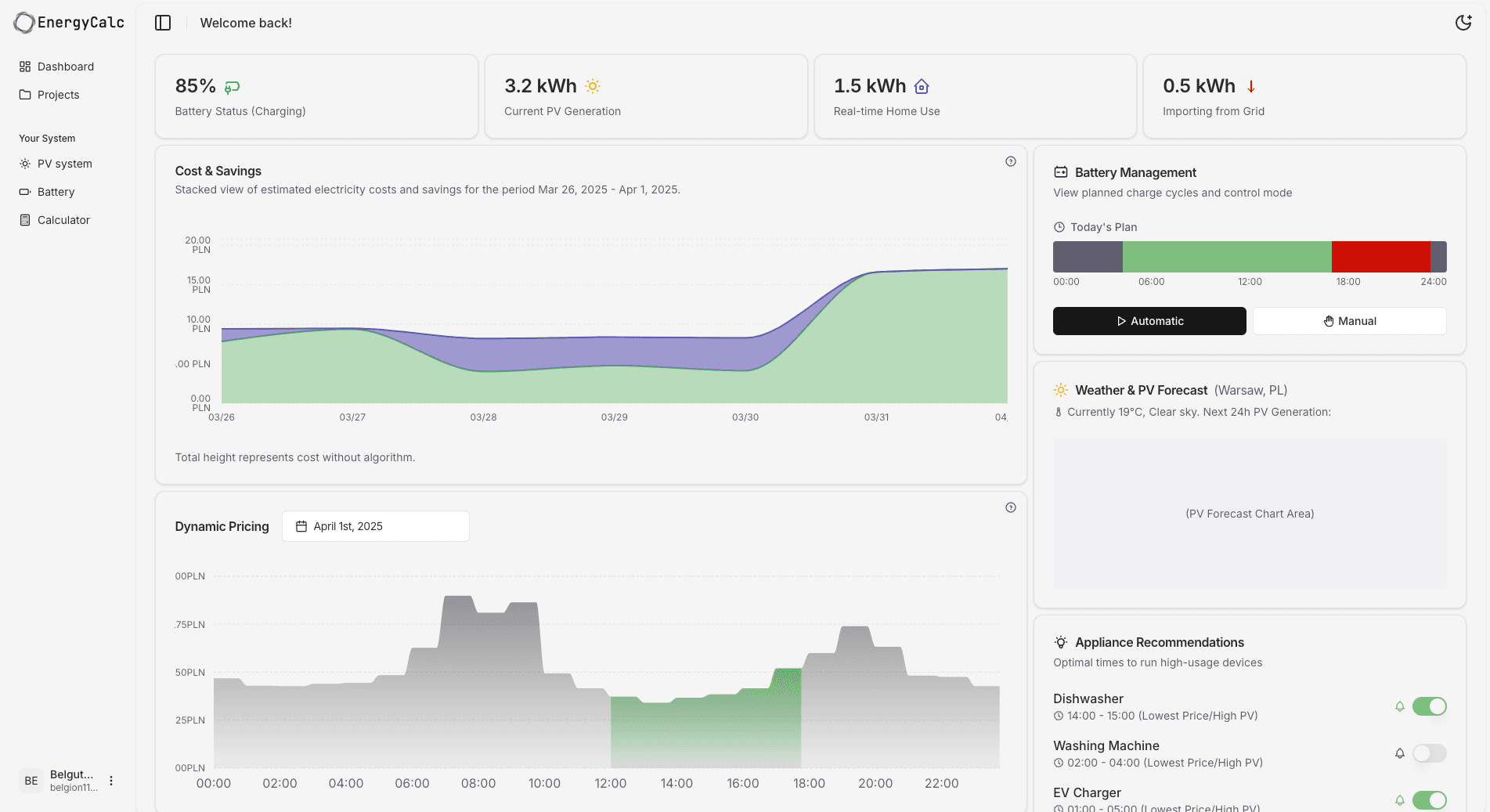 EnergyCalc Dashboard showing real-time energy monitoring, cost savings, and battery management